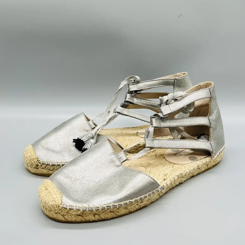 Boden Sandals Womens 8.5 Silver Leather Lace Up Ankle Tie Espadrille Flat Shoes